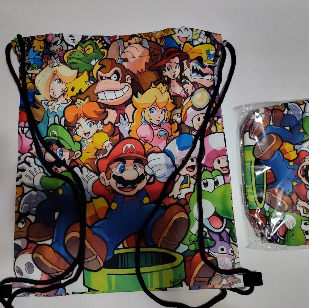 Super Mario Bros. & Friends New drawstring gaming backpack with extra game pouch